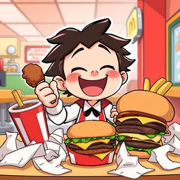 A whimsical cartoon scene featuring a joyful character named Caseoh, happily indulging in a feast of KFC fried chicken and McDonald's burgers, surrounded by empty wrappers and a playful, oversized soda cup