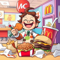 A whimsical cartoon scene featuring a joyful character named Caseoh, happily indulging in a feast of KFC fried chicken and McDonald's burgers, surrounded by empty wrappers and a playful, oversized soda cup