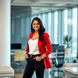 A confident 25-year-old Indian woman standing in a modern office setting, embodying authority and confidence