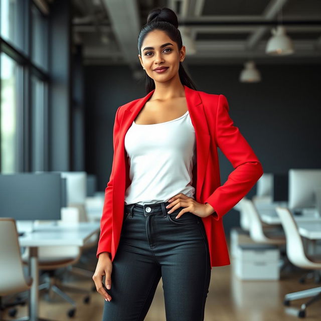 A confident 25-year-old Indian woman standing in a modern office setting, embodying authority and confidence