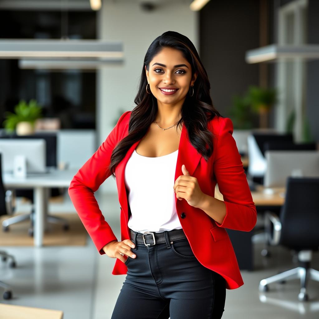 A confident 25-year-old Indian woman standing in a modern office setting, embodying authority and confidence