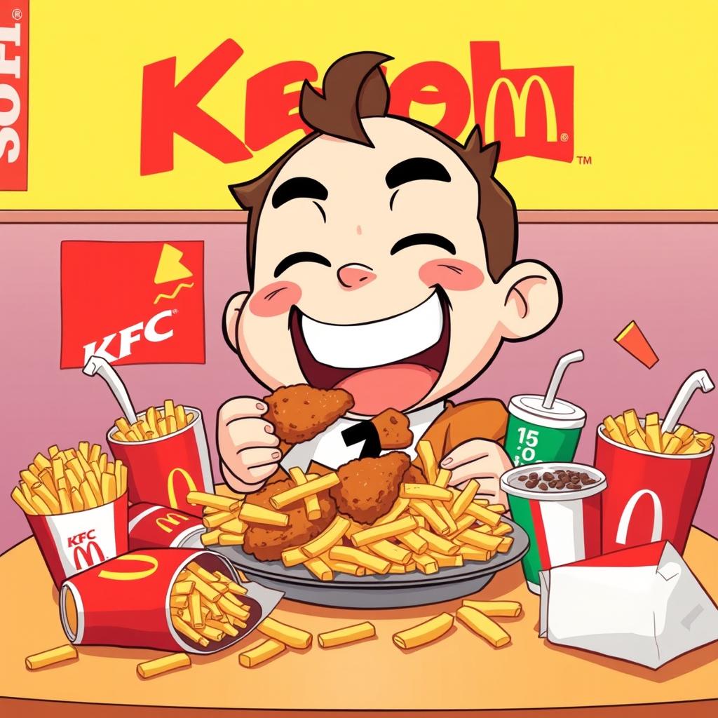 A humorous and surreal illustration of a cartoon character named Caseoh happily sitting at a table surrounded by a feast of KFC and McDonald's food