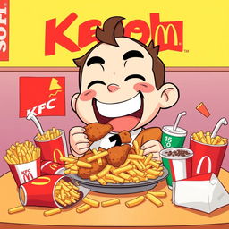 A humorous and surreal illustration of a cartoon character named Caseoh happily sitting at a table surrounded by a feast of KFC and McDonald's food