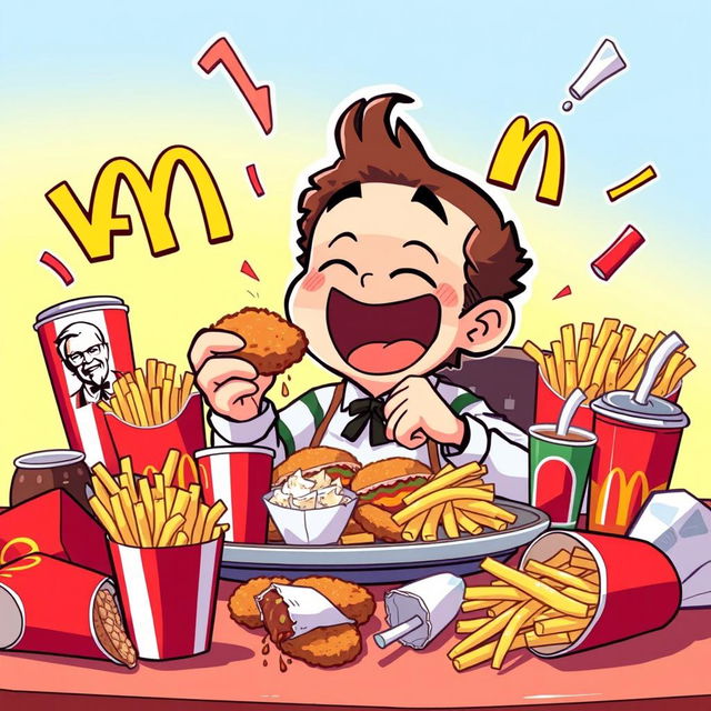 A humorous and surreal illustration of a cartoon character named Caseoh happily sitting at a table surrounded by a feast of KFC and McDonald's food