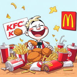 A humorous and surreal illustration of a cartoon character named Caseoh happily sitting at a table surrounded by a feast of KFC and McDonald's food