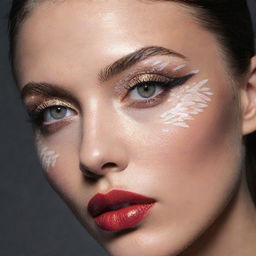 Close-up photograph of a model with a new, intricate and detailed makeup inspiration, under magazine editorial shoot lighting and composition