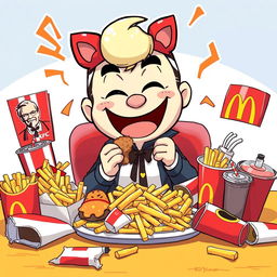 A humorous and surreal illustration of a cartoon character named Caseoh happily sitting at a table surrounded by a feast of KFC and McDonald's food