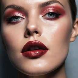 An intense close-up photograph of a model showcasing a different, artistic makeup inspiration, set within an editorial magazine photoshoot context with perfect lighting and composition