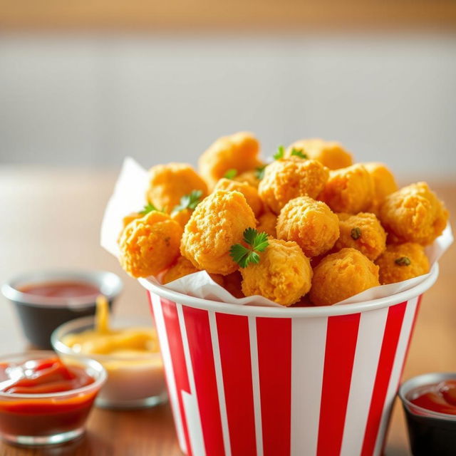 A delicious bucket filled to the brim with golden, crispy chicken nuggets, perfectly fried to a mouth-watering golden brown