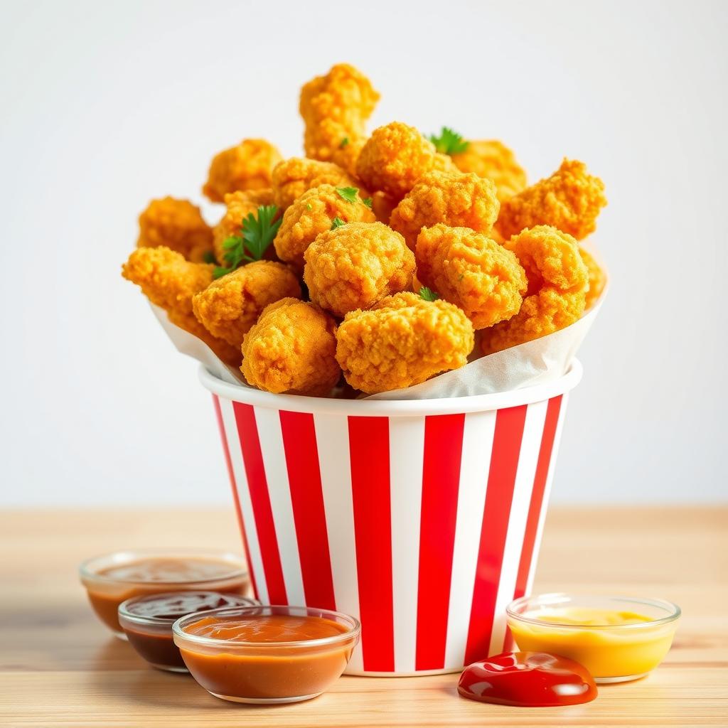 A delicious bucket filled to the brim with golden, crispy chicken nuggets, perfectly fried to a mouth-watering golden brown