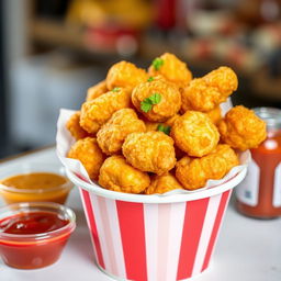 A delicious bucket filled to the brim with golden, crispy chicken nuggets, perfectly fried to a mouth-watering golden brown