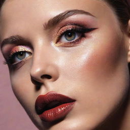 An intense close-up photograph of a model showcasing a different, artistic makeup inspiration, set within an editorial magazine photoshoot context with perfect lighting and composition