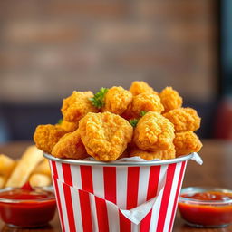 A delicious bucket filled to the brim with golden, crispy chicken nuggets, perfectly fried to a mouth-watering golden brown