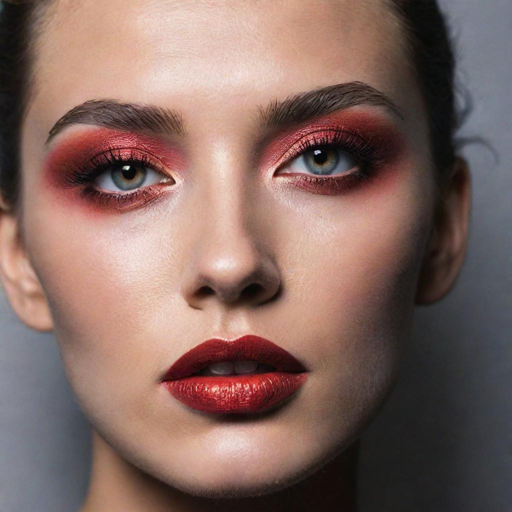 An intense close-up photograph of a model showcasing a different, artistic makeup inspiration, set within an editorial magazine photoshoot context with perfect lighting and composition