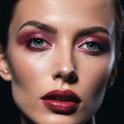 An intense close-up photograph of a model showcasing a different, artistic makeup inspiration, set within an editorial magazine photoshoot context with perfect lighting and composition