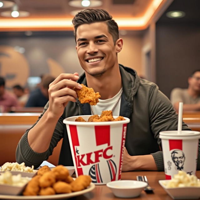 Cristiano Ronaldo, the famous football star, sitting at a table in a casual setting, enjoying a bucket of KFC