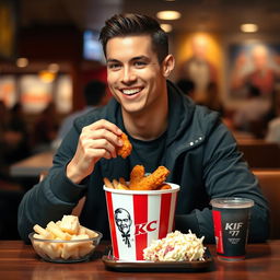 Cristiano Ronaldo, the famous football star, sitting at a table in a casual setting, enjoying a bucket of KFC