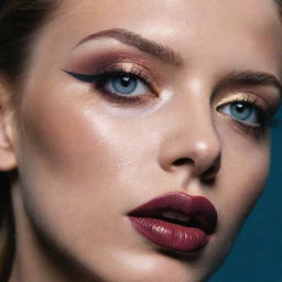 Intense close-up shot of a model, presenting alternative, detailed makeup inspiration, embodying an editorial magazine photoshoot with impeccable composition and lighting