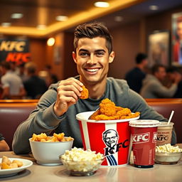 Cristiano Ronaldo, the famous football star, sitting at a table in a casual setting, enjoying a bucket of KFC