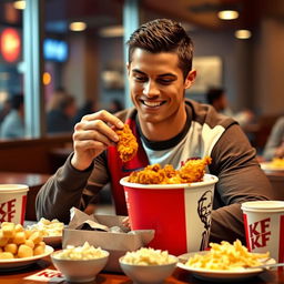 Cristiano Ronaldo, the famous football star, sitting at a table in a casual setting, enjoying a bucket of KFC