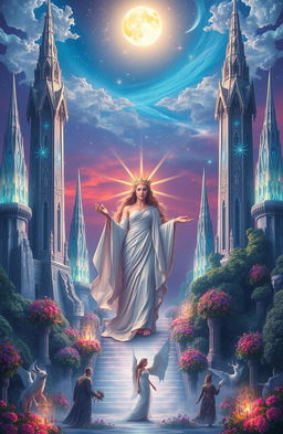 A majestic and ethereal kingdom ruled by a goddess, with stunning architecture featuring crystalline towers and lush, vibrant gardens