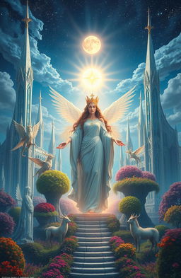 A majestic and ethereal kingdom ruled by a goddess, with stunning architecture featuring crystalline towers and lush, vibrant gardens
