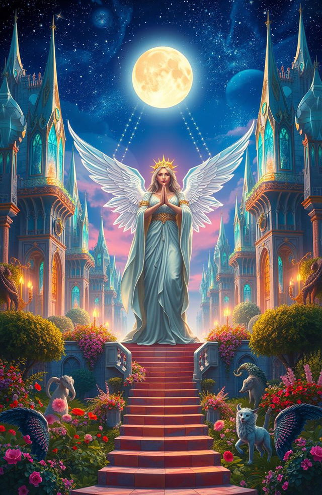 A majestic and ethereal kingdom ruled by a goddess, with stunning architecture featuring crystalline towers and lush, vibrant gardens