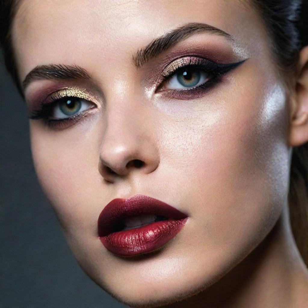 Intense close-up shot of a model, presenting alternative, detailed makeup inspiration, embodying an editorial magazine photoshoot with impeccable composition and lighting