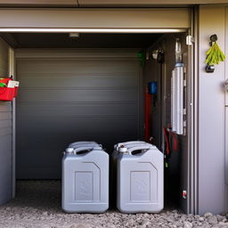 interior home garage showing 3 10-liter jerry cans