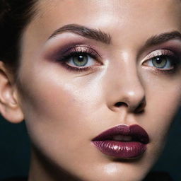 Intense close-up shot of a model, presenting alternative, detailed makeup inspiration, embodying an editorial magazine photoshoot with impeccable composition and lighting