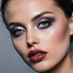 Intense close-up shot of a model, presenting alternative, detailed makeup inspiration, embodying an editorial magazine photoshoot with impeccable composition and lighting