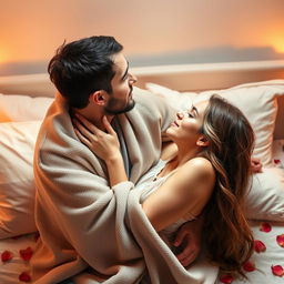 A sensual intimate moment between a husband and wife sharing a passionate kiss, in a softly lit bedroom with warm colors