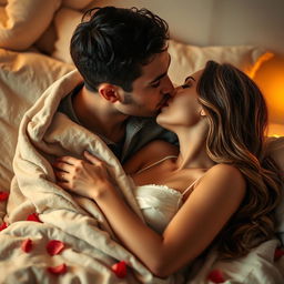 A sensual intimate moment between a husband and wife sharing a passionate kiss, in a softly lit bedroom with warm colors