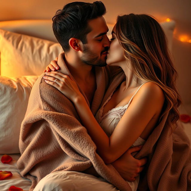 A sensual intimate moment between a husband and wife sharing a passionate kiss, in a softly lit bedroom with warm colors