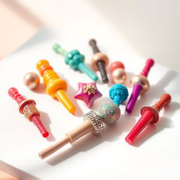 A variety of colorful and artistic dildo designs displayed on a sleek white surface