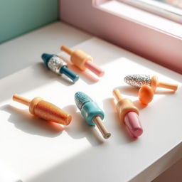 A variety of colorful and artistic dildo designs displayed on a sleek white surface