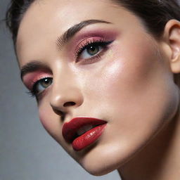 Close-up photograph of a model featuring a different, detailed makeup inspiration, crafted within the setting of an editorial magazine shoot with excellent composition and lighting