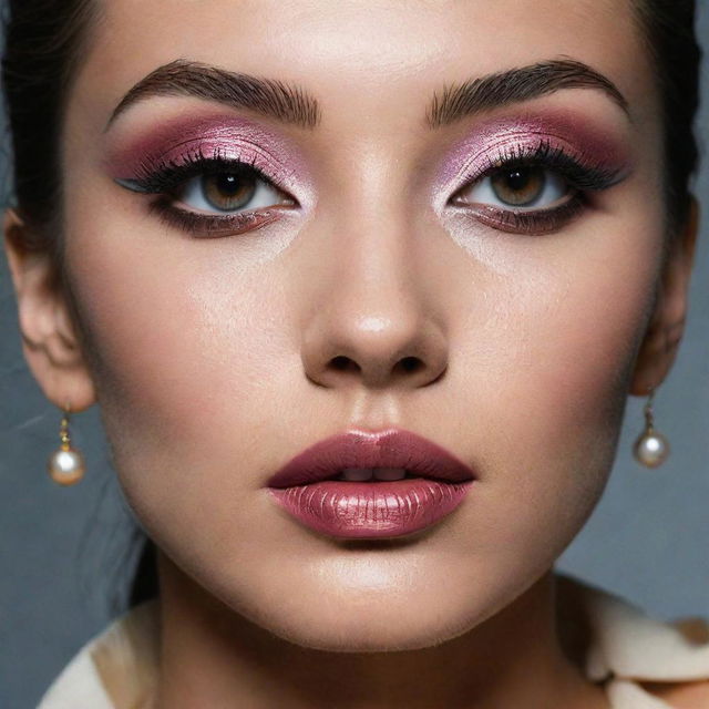 Close-up photograph of a model featuring a different, detailed makeup inspiration, crafted within the setting of an editorial magazine shoot with excellent composition and lighting