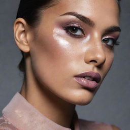 Close-up photograph of a model featuring a different, detailed makeup inspiration, crafted within the setting of an editorial magazine shoot with excellent composition and lighting