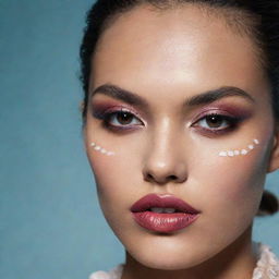 Close-up photograph of a model featuring a different, detailed makeup inspiration, crafted within the setting of an editorial magazine shoot with excellent composition and lighting