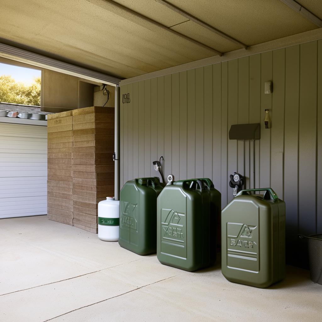 interior home garage showing 3 10-liter jerry cans