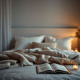 An artistic representation of a serene and intimate bedroom scene, featuring soft lighting and cozy decor