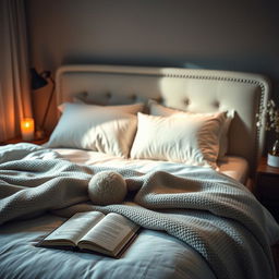 An artistic representation of a serene and intimate bedroom scene, featuring soft lighting and cozy decor