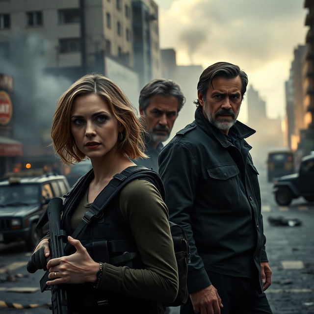 An intense and gripping scene featuring Emily Blunt, Benicio Del Toro, and Josh Brolin, set against a backdrop of a chaotic urban landscape