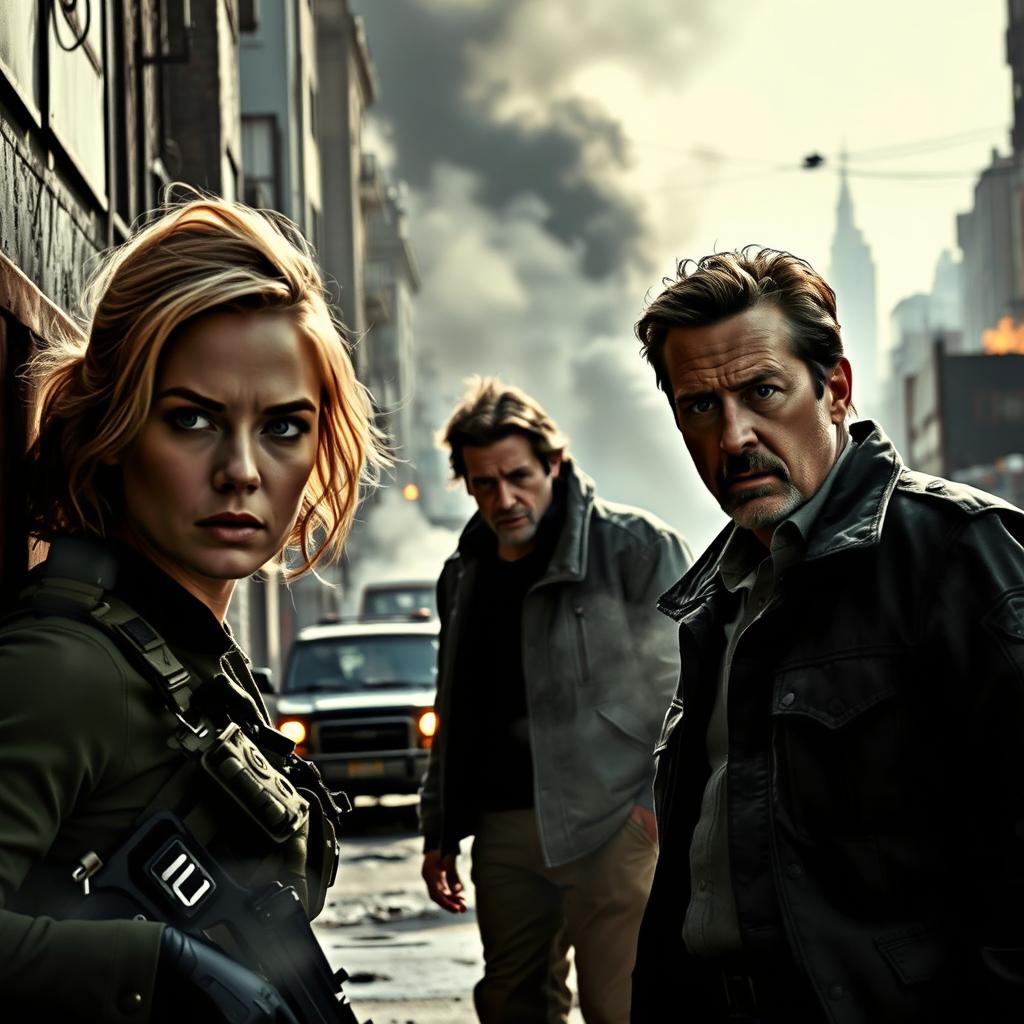 An intense and gripping scene featuring Emily Blunt, Benicio Del Toro, and Josh Brolin, set against a backdrop of a chaotic urban landscape