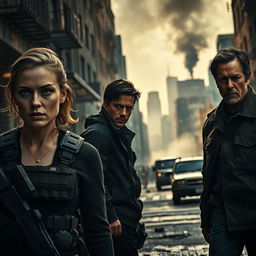 An intense and gripping scene featuring Emily Blunt, Benicio Del Toro, and Josh Brolin, set against a backdrop of a chaotic urban landscape
