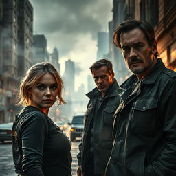 An intense and gripping scene featuring Emily Blunt, Benicio Del Toro, and Josh Brolin, set against a backdrop of a chaotic urban landscape
