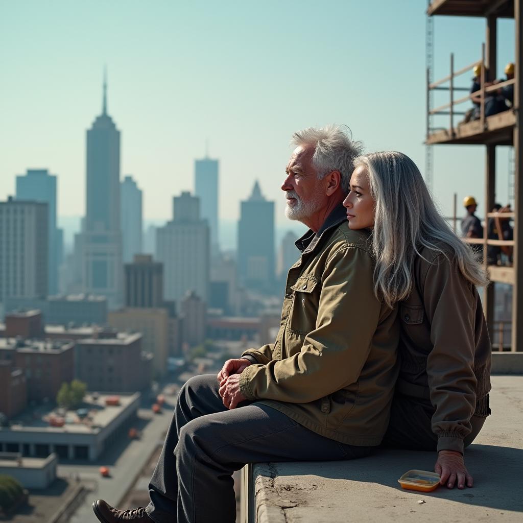 A cinematic shot of an older man and a woman sitting at the edge of a tall construction building, both looking contemplative