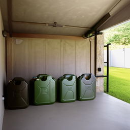 interior home garage showing 3 10-liter jerry cans