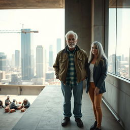 A cinematic wide shot of an older man and a woman standing on an empty floor of a partially constructed building